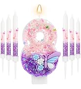 AKURIEEY Butterfly 8th Birthday Candle Purple Number 8 Candle with 6 Pcs Long Candles for Girls C...