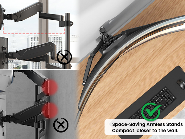 Text reads 'Space-Saving Armless Strands'. Close-up product photos showing installation details of a mounting system with black metal hardware.