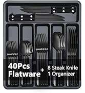 BEWOS 49-Piece Black Silverware Set with Organizer - Stainless Steel Silverware Set for 8 with St...