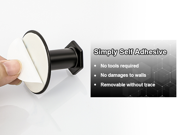 Black and white self-adhesive wall hook being installed. Features include no tools required, no wall damage, and removable without trace.