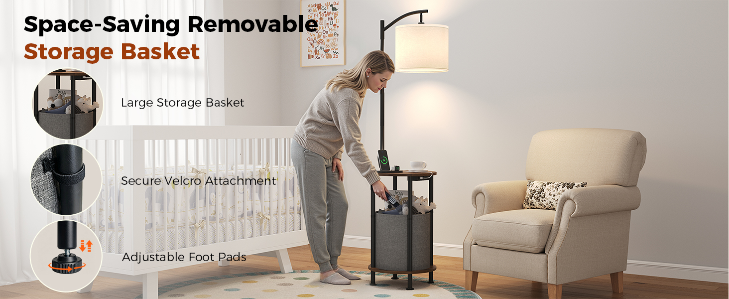 Modern floor lamp with a removable storage basket, side table, and adjustable foot pads.