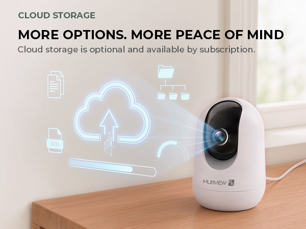 White indoor camera beside cloud storage icons, illustrating cloud video storage.