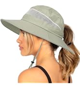 Waterproof Bucket Sun Hat for Women Wide Brim Breathable Mesh UPF50+ Safari Hat Criss Cross Ponyt...