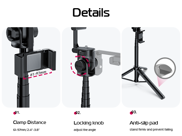 Universal mobile phone and camera tripod with 2 mobile phone holders, the MT-70 tripod adopts an