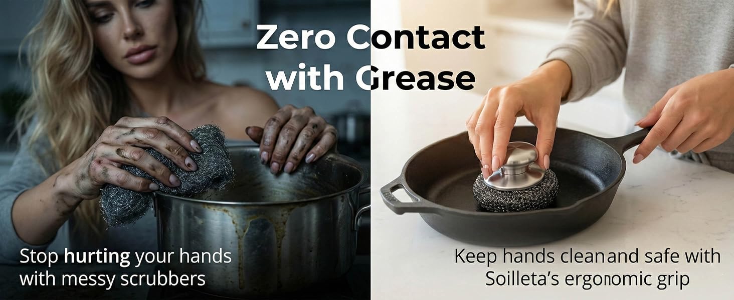 Ergonomic stainless steel scouring pad that protects hands from grease.