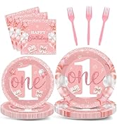 Wiooffen Girl 1st Birthday Party Tableware Set for 24 Guests Pink One Year Old Paper Plates Napki...