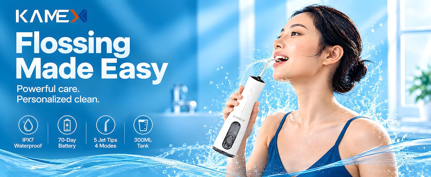 A woman smiles while using KAMEX Cordless Water Flosser featuring IPX7 waterproof rating.