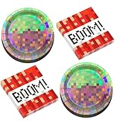 Pixel Party Plates and Napkins Set – 25 Pcs 7-Inch Plates and 25 Pcs 6.5-Inch Napkins, Pixel Birt...
