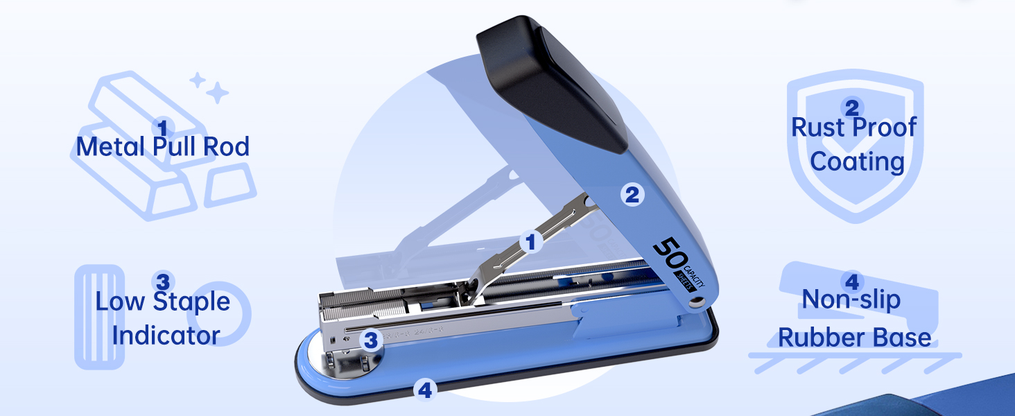 Rust Proof Coating, Metal Pull Rod, Non-slip Rubber Base, Low Staple Indicator