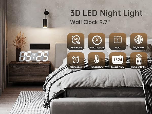 EDUP Home 3D LED Digital Wall Clock Desk Alarm Clock with Remote Control