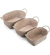 Whitewash Seagrass Woven Baskets for Storage Natural Shelf Basket with Handle for Organizer Stack...