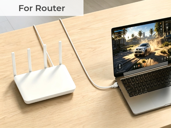 Text reads 'For Router'. Image shows white WiFi router connected to laptop displaying mountain landscape on wooden desk.