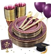Nervure 150PCS Clear Purple Plastic Plates - Gold Party Plate - Purple and Gold Plate Include: 50...