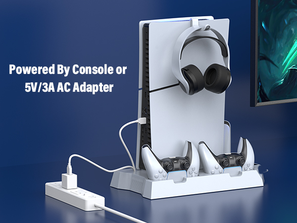 PS5 slim stand with fan and controller charging station