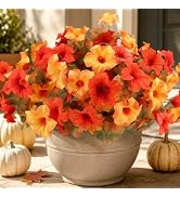 Geegoods Fall Artificial Petunias for Outdoors, 4 Bundles Orange Yellow | 15.75'' UV Resistant Fa...