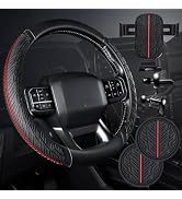 CAR PASS Leather Rubber Steering Wheel Cover Combo Set Universal Fit for Truck SUV Car Ram F150 T...