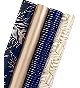 WRAPAHOLIC Wrapping Paper Roll - Gold and Navy Print with Cut Lines for Birthday, Holiday, Father...