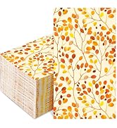 JarThenaAMCS 100 Pcs Fall Leaves Paper Guest Napkins Watercolor Branches Leaves Disposable Napkin...