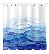 Ombre Blue Watercolor Textured Slubbed Fabric Shower Curtain, Abstract Ocean Wave Shower Curtains...