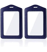 Larpur Badge Holders 2pcs, Blue Vertical PU Leather ID Card Cases with Double-Sided Clear Window,...