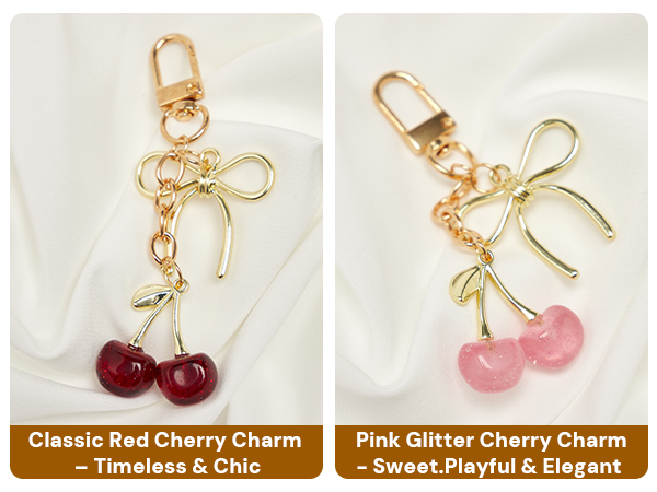 Red and Pink Cherry Charms with Gold Bows, Showcasing Timeless and Playful Styles