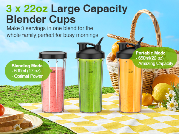3 x 22oz blender cups,perfect for family use and busy morning,to-go lids take your drinks on the go