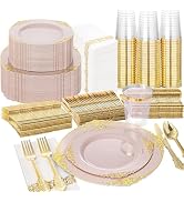 Nervure 350PCS Pink Plastic Plates - Pink Plastic Dinnerware Sets for 50 Guests - 100 Disposable ...