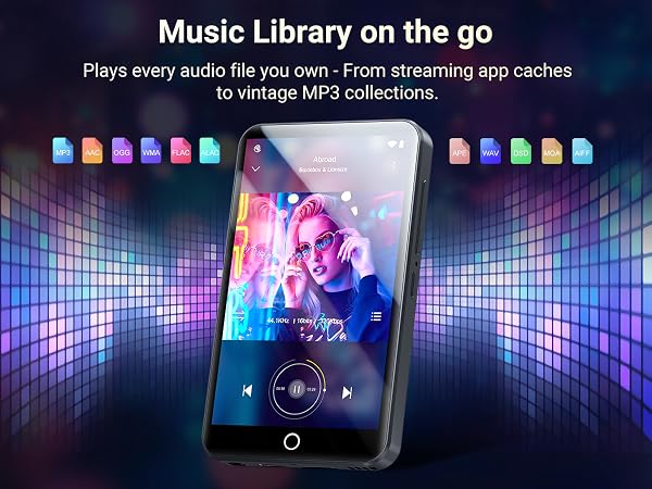 Smartphone displaying music player interface with colorful album art. Text advertises 'Music Library on the go' for playing various audio files from streaming caches to MP3 collections.