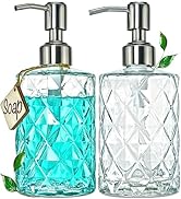 JASAI 2Pack Diamond Embossed Glass Soap Dispenser with 304 Rustproof Stainless Steel Pump, 12 OZ ...