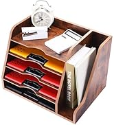 WuGeShop 5 Tier Paper Letter Tray Organizer with File Holder, Wood Desk File Organizer with Magaz...