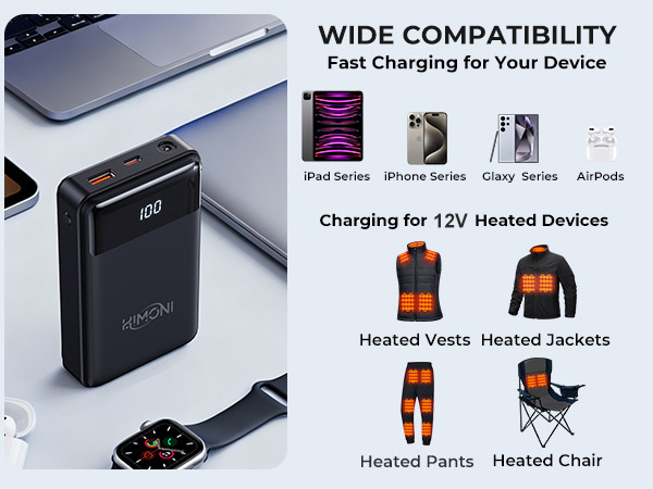 7.4V/5V 20000mAh Heated Vest Battery Pack, Compatible with ORORO and Venustas, Power Bank