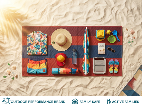 Beach gear flatlay with mosquito patch on hat, family safe outdoor brand for active families