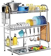 HOWDIA Stainless Steel 2-Tier Over The Sink Dish Drying Rack with Utensil Holder, Large, for Kitc...