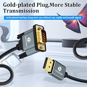 Text reads 'Gold-plated Plug, More Stable Transmission' and 'Gold-plated interface, long-term use without rust, stable and smooth signal'. Shows cable connectors with gold-plated tips.