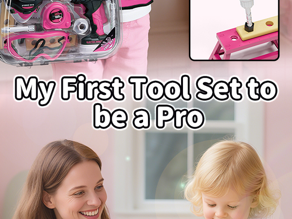 Pink-themed children's toy tool set advertisement with transparent storage case and text 'My First Tool Set to be a Pro'.