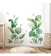 Tanlaby Tropical Leaves Wall Stickers Large Monstera Leaf Wall Decals Green Plants Birds Art Mura...