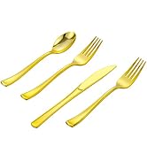 ISFANGCO 400 PCS Gold Plastic Silverware Set,Disposable Cutlery Set Heavy Duty Flatware for Party...