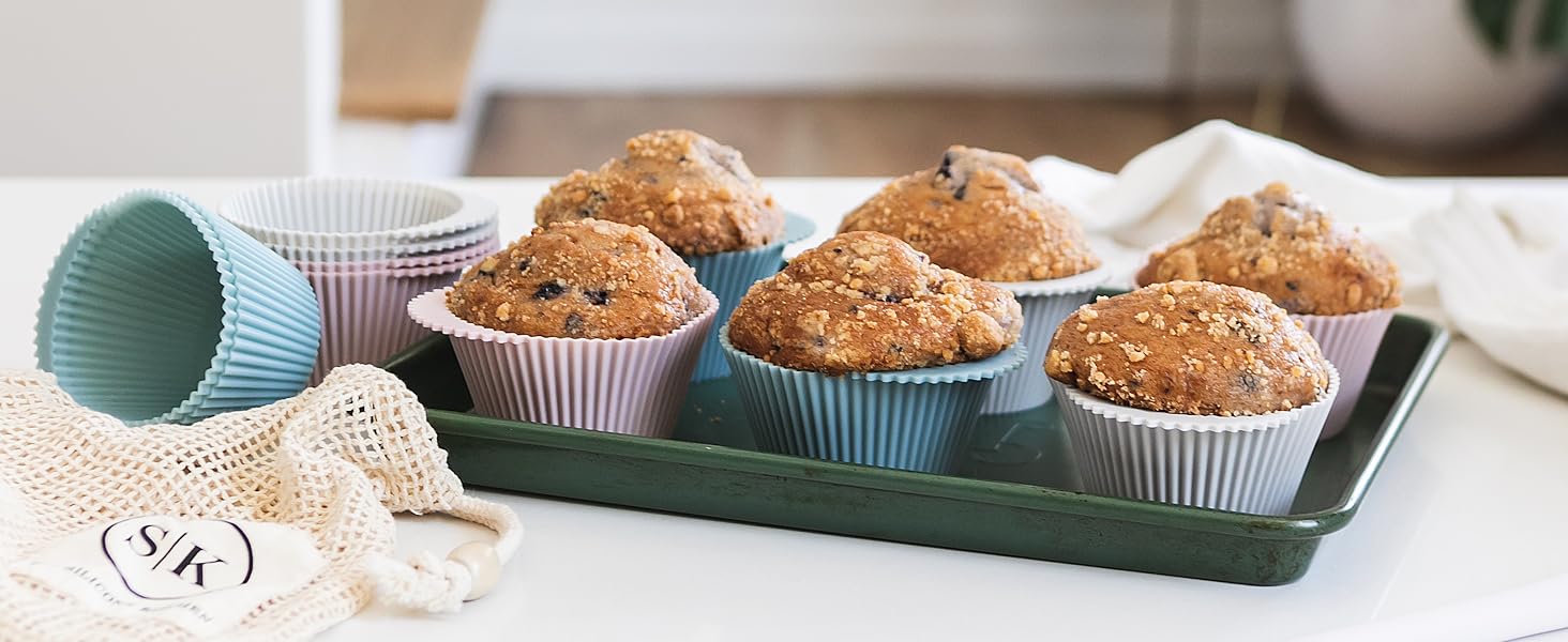 Muffins baked freestanding on a muffin tin in silicone baking cups