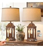 24" Rustic Farmhouse Table Lamps for Living Room Set of 2, Touch Dimmable Nightlight Vintage Beds...