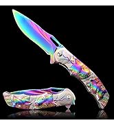 Pocket Knife for Men, Folding Knife With Clip & 3D TITANIUM PLATED WOLF Relief, Embossed Edc Knif...
