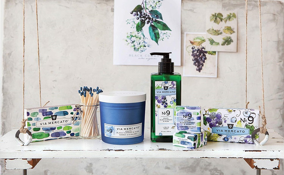Via Mercato Collection has bar soaps, liquid soaps, candles, soap dishes, and matches.