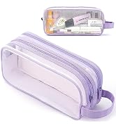 Large Grid Mesh Pencil Case 2 Compartments, Clear Pen Pencil Pouch with Zipper, Multifunction Tra...