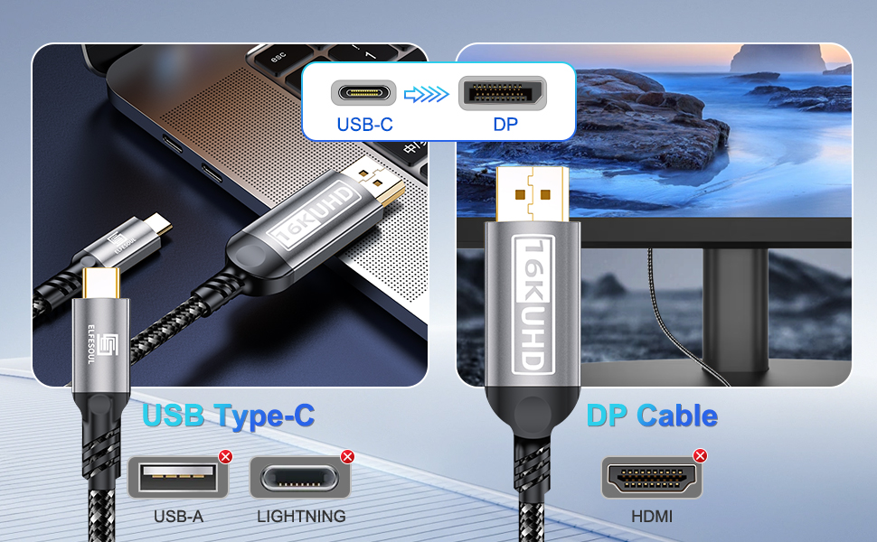 3.3ft USB C to DP cable 6.6ft USB-C to DisplayPort Cable 10ft USB-C to DisplayPort Cable