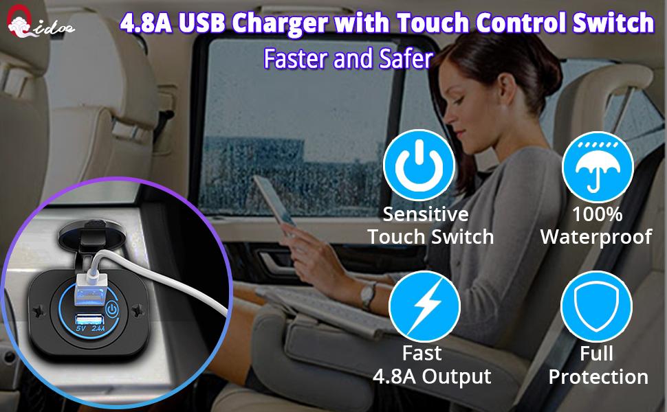 USB Socket 12V Outlet with Touch Switch, Dual USB Car Charger 24V Power Outlet Waterproof Marine