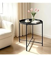TECHYAP Black Round Side Table 21" Small Corner End Table Metal Night Stand | Corner Tables for L...