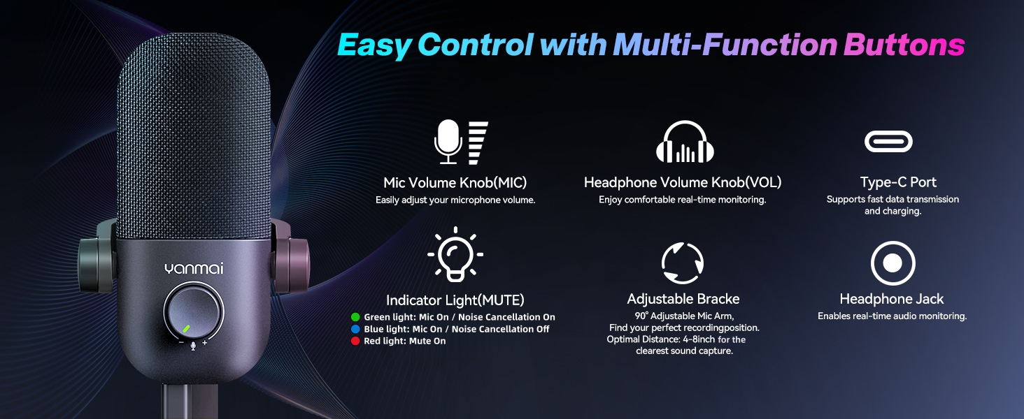 USB microphone with multifunction buttons for easy operation