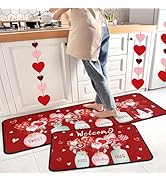 Red Valentine's Day Kitchen Rugs and Mats Set of 2,Love Heart Vase Decorative Non-Slip Rugs Seaso...
