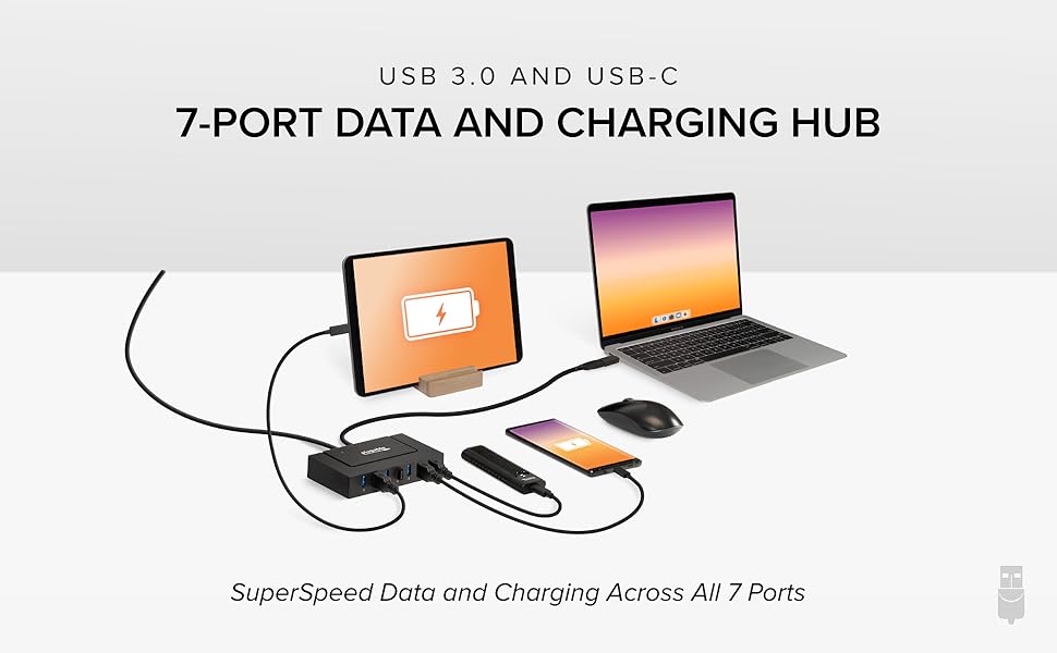 Plugable 7-Port Data and Charging Hub, USB Charger, USB Hub