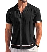 COOFANDY Men's Short Sleeve Knit Shirt Casual Button Down Shirt Vintage Striped Knitted Golf Beac...