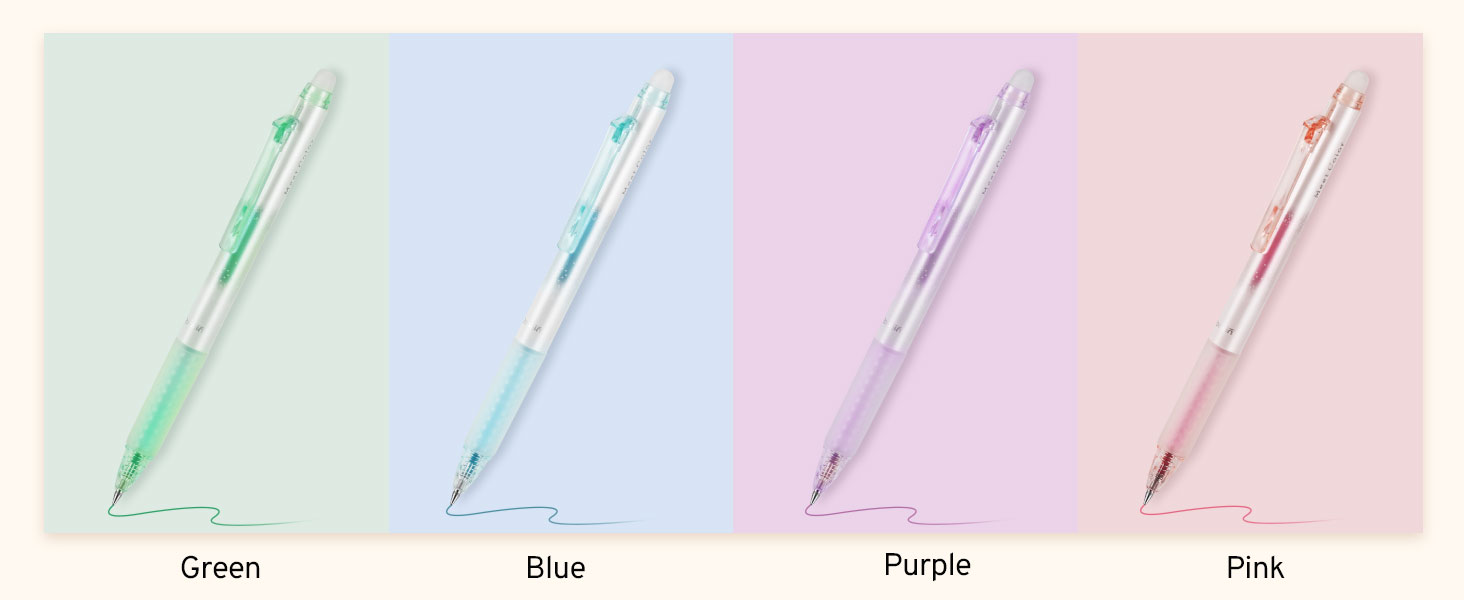 Four transparent mechanical pencils in different pastel colors: green, blue, purple, and pink. Each pencil has a clear barrel showing the lead mechanism inside.